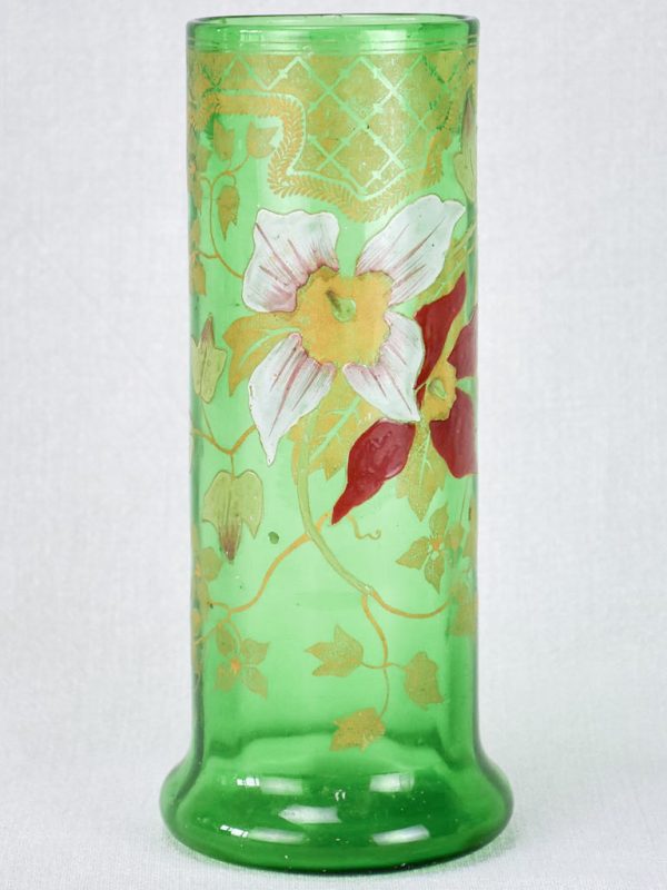 Early twentieth century hand painted green glass vase 10¼  on Sale