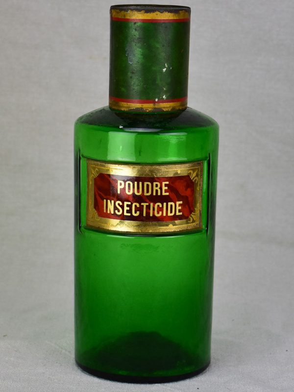 Antique French apothecary glass jar - green. Poudre Insecticide For Sale