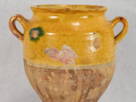 Small antique French confit pot with yellow glaze and green spot 7½  Online now