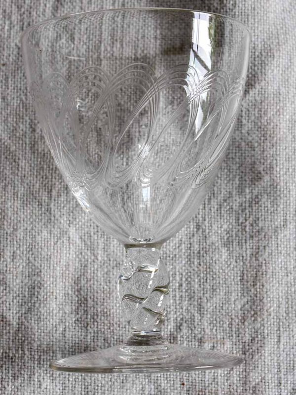 Nine mid-century white wine glasses with pretty engraving For Discount