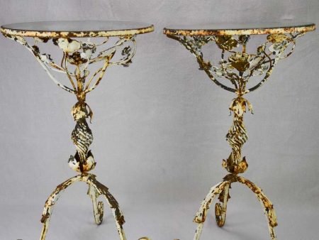 Pair of pretty weathered side tables with floral decoration and glass top Online now