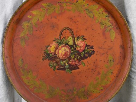 Napoleon III tole tray - round with basket of flowers and oak leaf decoration 17¾  Discount