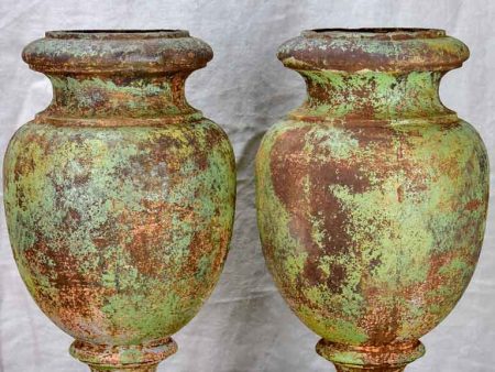 Pair of 19th Century cast iron garden urns with timeworn green patina 16¼  Cheap