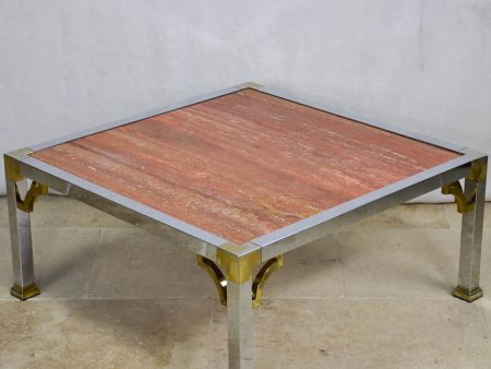 Red travertine Italian coffee table with chrome frame - 1970 s 80 s 30¼  For Sale