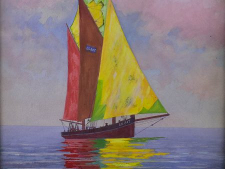 Antique French painting of a yacht on the ocean For Sale