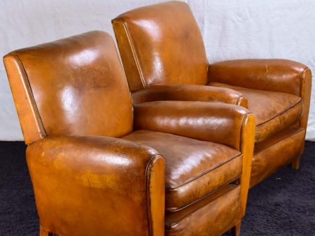 Pair of petite French leather club chairs - 1960 s Supply