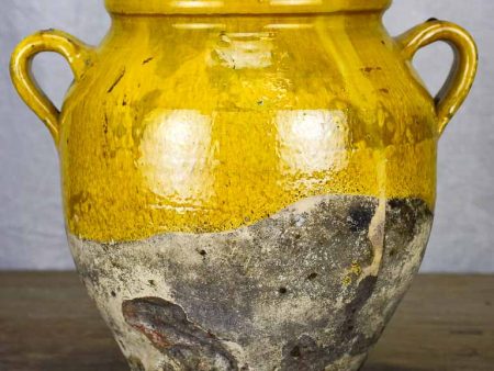 Timeworn antique French confit pot with yellow glaze 10¾  Cheap