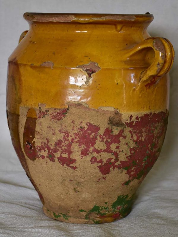 Antique French confit pot with orange glaze and traces of red and green 10¼  Online