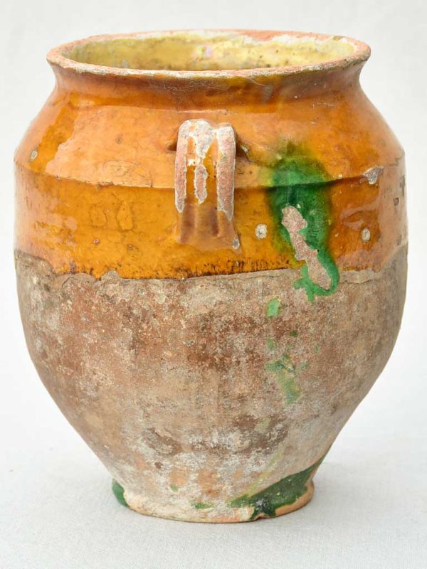 Antique French confit pot with orange glaze and green drips 9½  Online