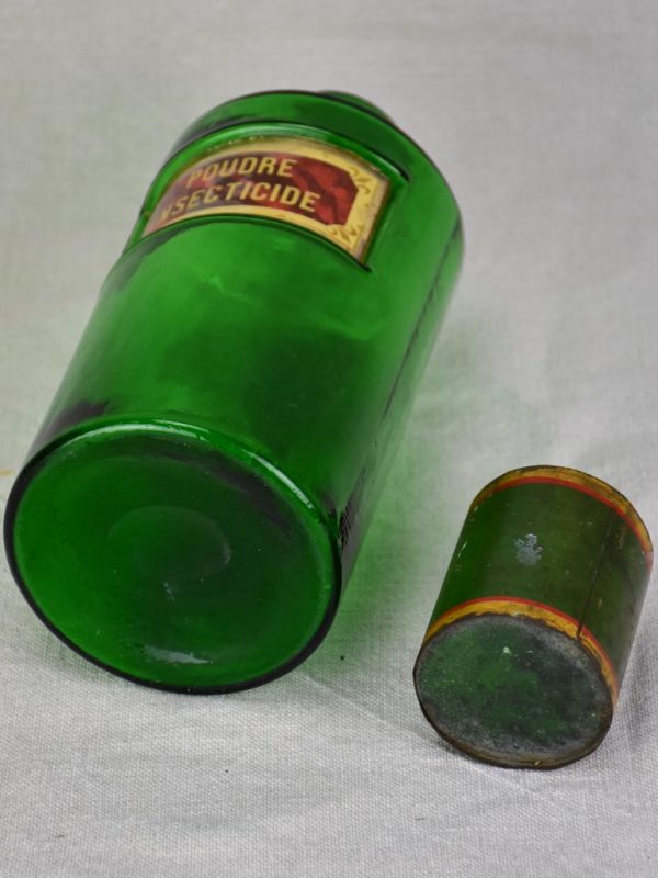 Antique French apothecary glass jar - green. Poudre Insecticide For Sale