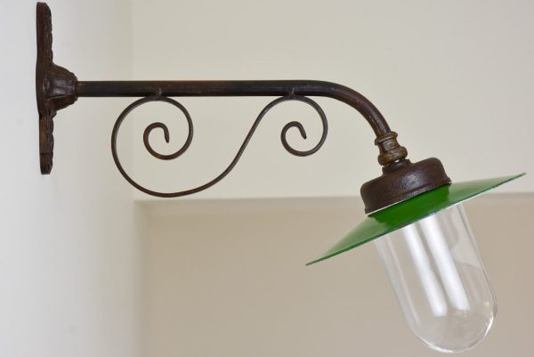 Small outdoor wall applique with scroll detail  - cast iron, enamel, glass 16¼  Online Sale