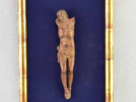 18th Century sculpture of Jesus Christ on blue fabric in gold frame Supply