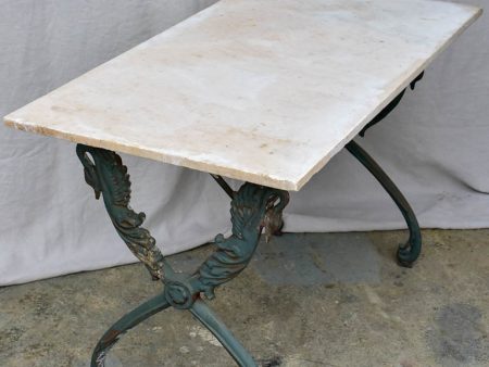 Rectangular antique French garden table with cast iron swan base and marble top 43¼  x 24½  For Sale