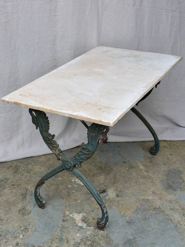 Rectangular antique French garden table with cast iron swan base and marble top 43¼  x 24½  For Sale