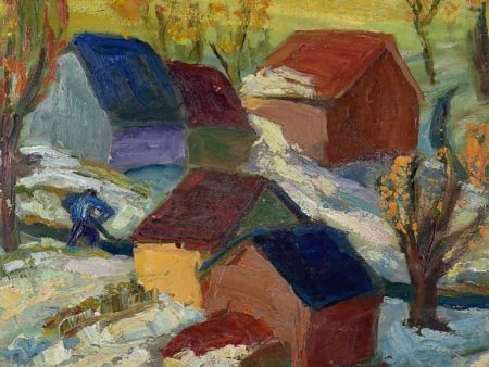 20th Century oil on wood - Autumn snow in a village in Provence - Anna Costa 34¼  x 28  Online Hot Sale