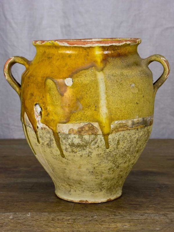 Antique French confit pot with yellow and green glaze 10¾  Online now