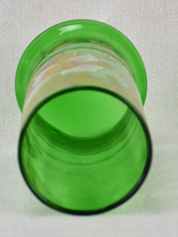 Early twentieth century hand painted green glass vase 10¼  on Sale