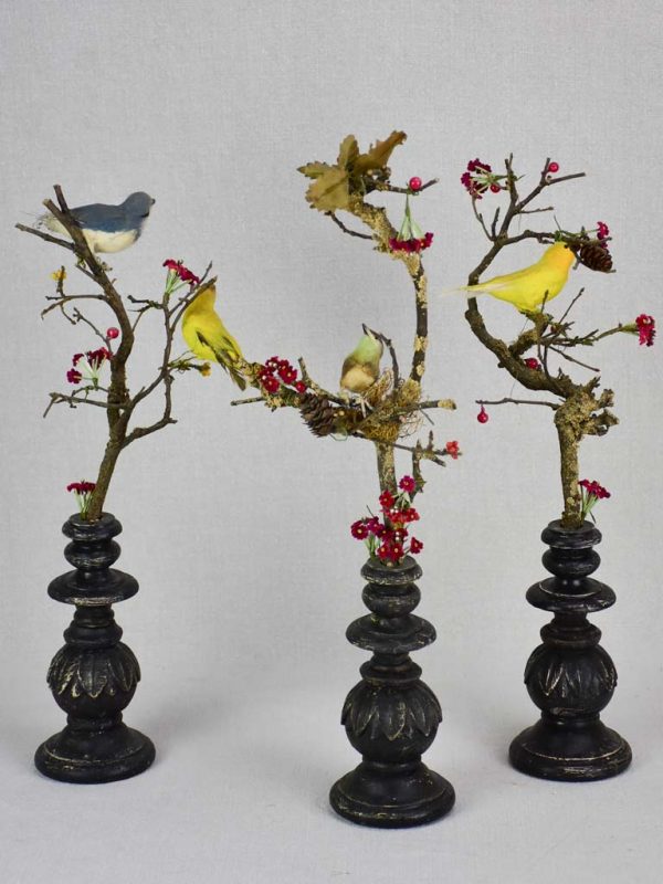 Collection of three artisan made birds on branches mounted on salvaged wooden supports 18  Online now