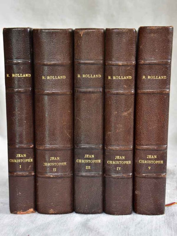 Five antique French leatherbound books - 5 volumes R. Rolland Jean Christophe For Sale