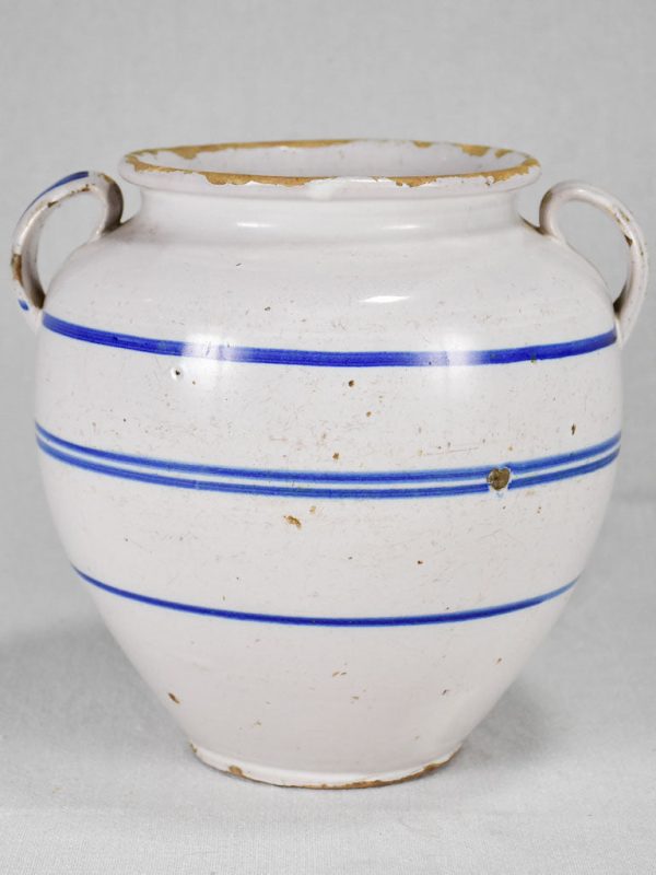 Antique French confit pot from Sète - white with blue stripes 9½  For Cheap