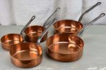 Collection of 5 antique French copper saucepans For Cheap