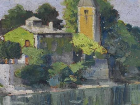 [RESERVED S & P] Small French painting of a church on a river 1933 - framed 17  x 13½  For Cheap