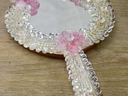 Vintage Venetian-style hand mirror with pink flowers Online Sale