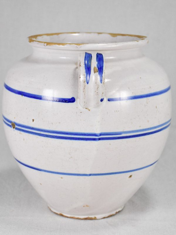 Antique French confit pot from Sète - white with blue stripes 9½  For Cheap