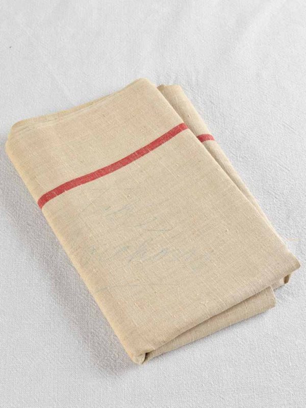 Large antique French linen fabric with red stripe - never used 23¾  x 115  Supply