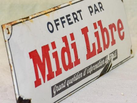 1930 s French enamel sign - Midi Libre newspaper 13¾  x 4  For Sale