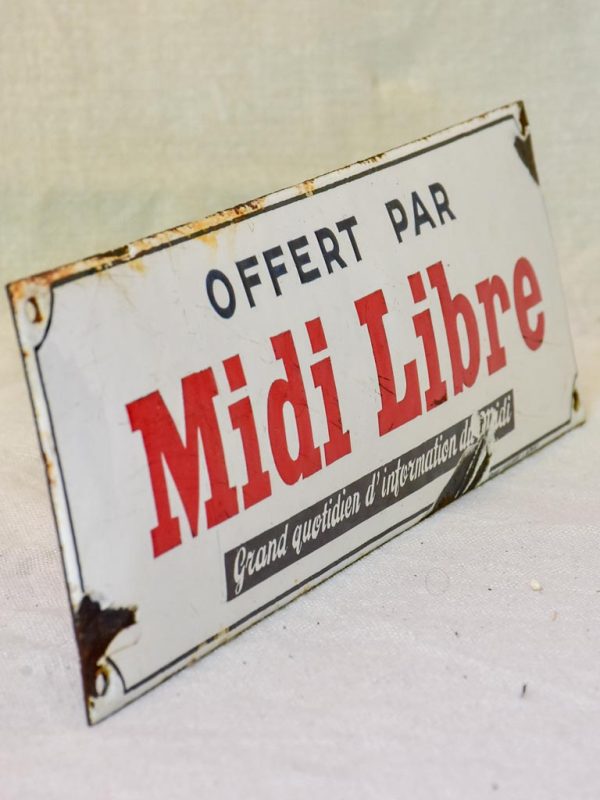 1930 s French enamel sign - Midi Libre newspaper 13¾  x 4  For Sale