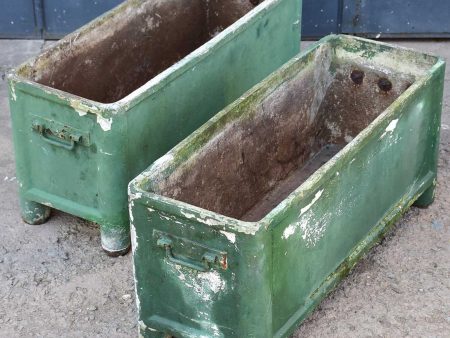 Pair of mid-century French rectangular garden planters   window boxes - dark green patina Hot on Sale