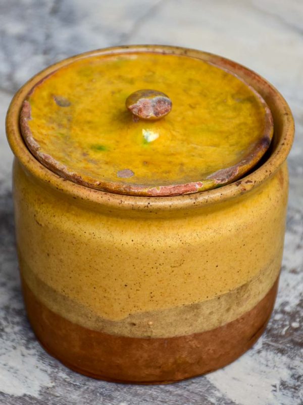 Antique French pot with yellow glaze and lid Discount