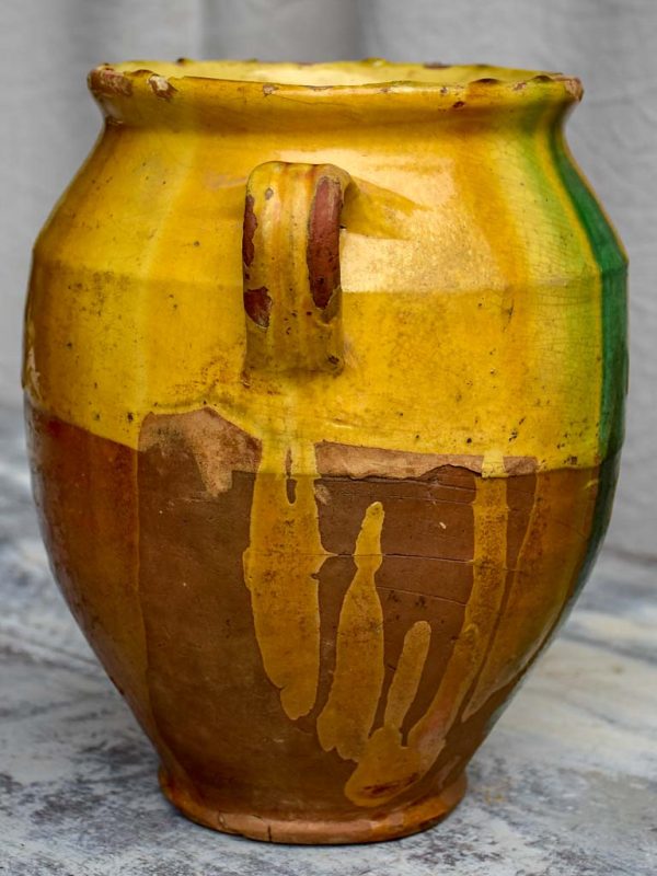 Antique French confit pot with yellow and green glaze 11  For Sale