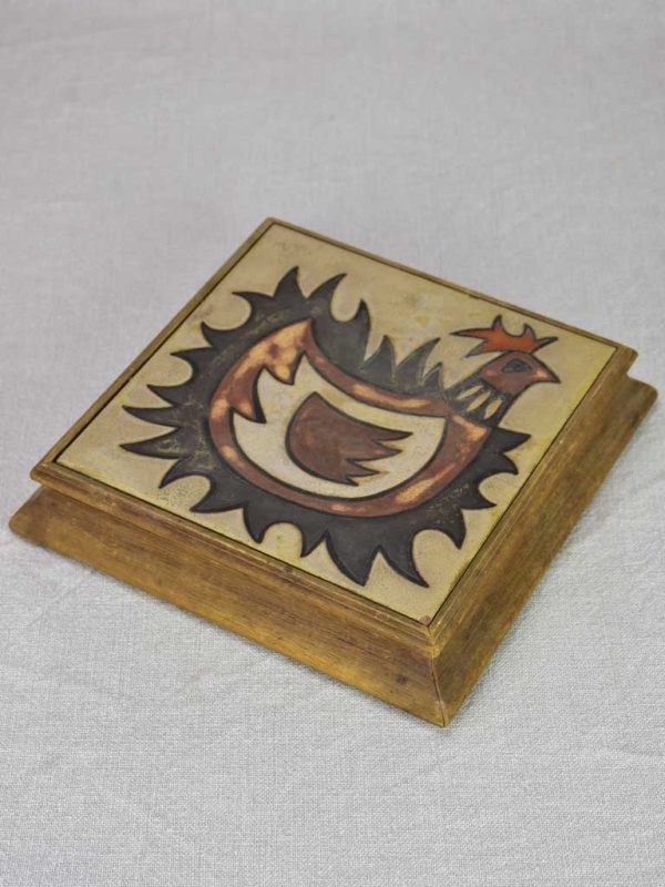 Mid century French rooster trivet with wooden frame - 1950 s 9½  Online Hot Sale