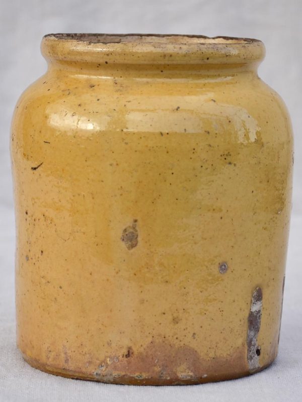 Antique French honey   preserving pot with yellow glaze 6¾  For Sale