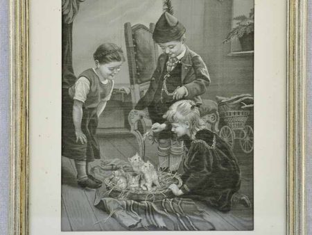 Early 20th Century silk tapestry of children and kittens 11½  x 14½  For Discount