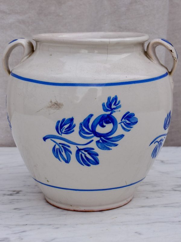 19th Century French confit pot with handpainted blue flowers 7  For Sale