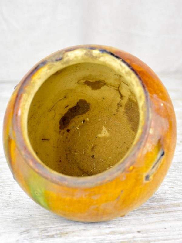 Small antique French confit pot with yellow and green glaze 6¼  Online Sale