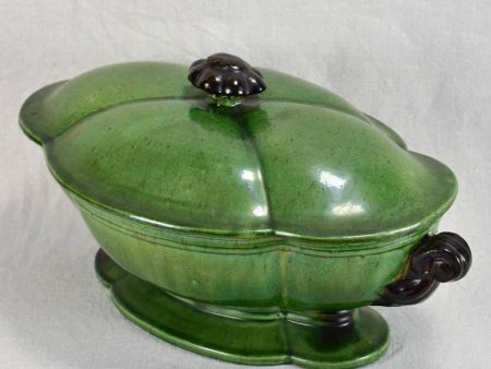 Antique French oval soup tureen from Dieulefit with green glaze 16¼  Discount