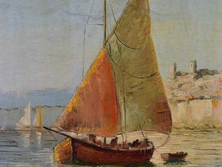 Late 19th Century oil painting of a sail boat in Antibes 26  x 30  For Sale