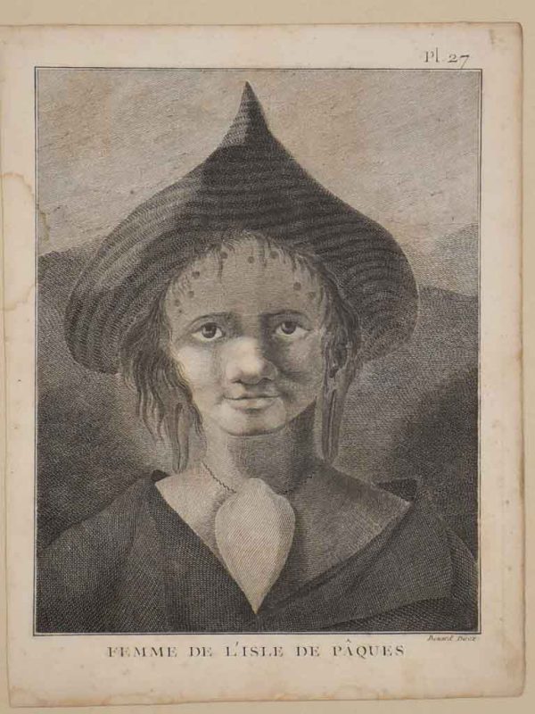 Antique French engraving of a woman from L Isle de Paques 16¼  For Cheap