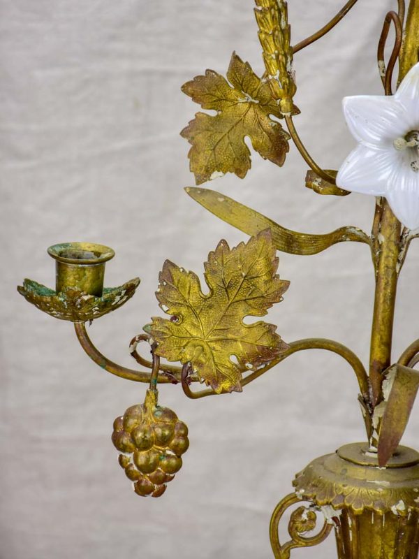 19th Century French church candelabra with flowers, foliage and wheat - bronze, brass and opaline glass 29¼  Online