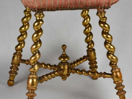 Late-19th-century gilded stool with original pink silk upholstery Online Hot Sale