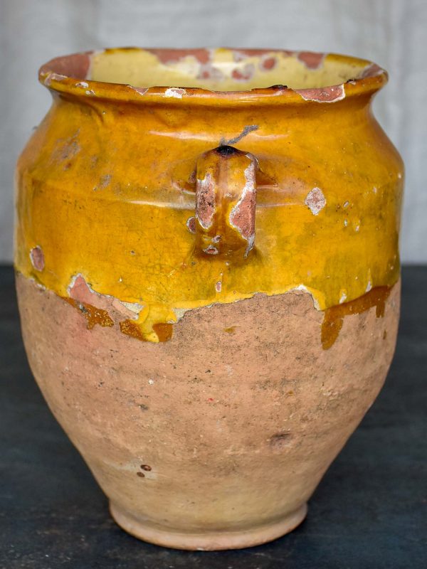 19th Century French confit pot with half yellow glaze 9 ¼   Discount