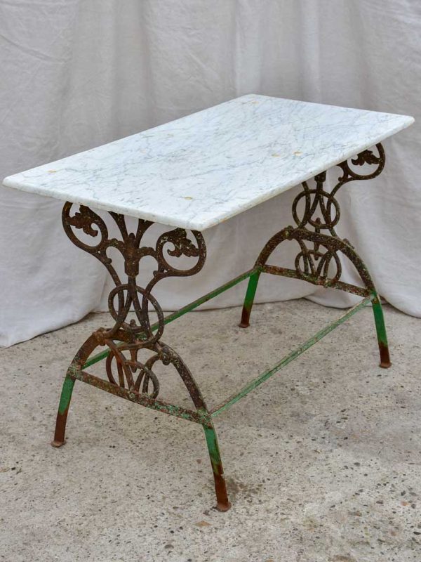 Rectangular marble French garden table with pretty green wrought iron base For Cheap