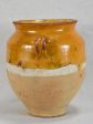 Small antique French confit pot with yellow   orange glaze and two handles 8¼  on Sale