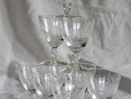 Nine mid-century white wine glasses with pretty engraving For Discount