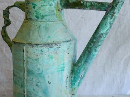 Antique French copper watering can with aqua blue patina on Sale