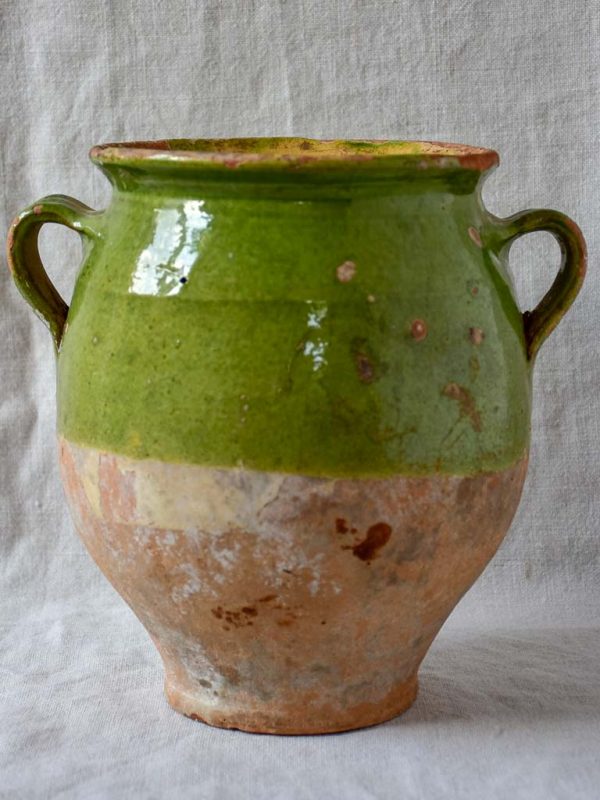 Antique French confit pot with green glaze 10¼  on Sale